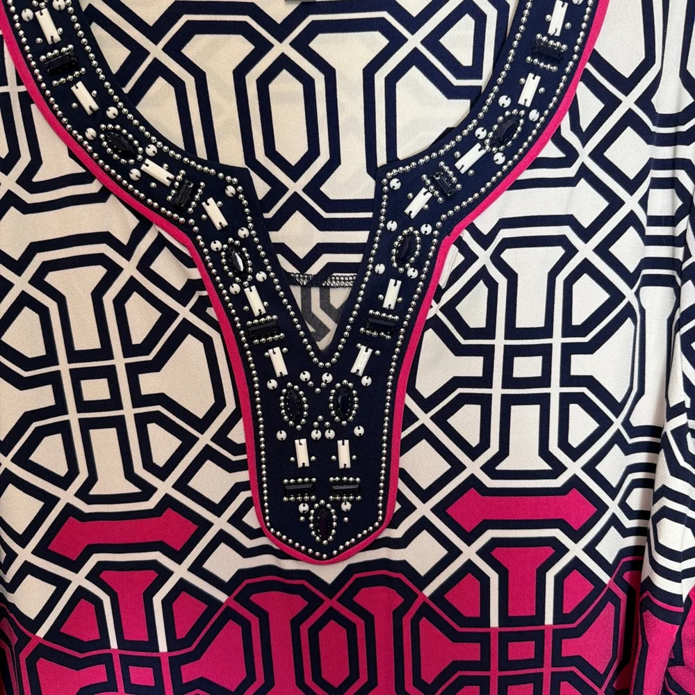 Women’s Geometric Print Beaded Tunic Large JM Collectibles Workwear Resort Style - Picture 2 of 5